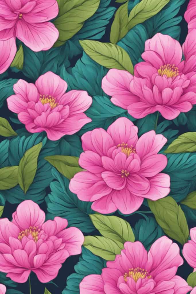 A vibrant pink flower summer pattern with blossoms and leaves in a pattern