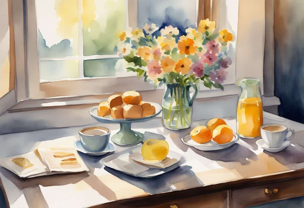 A table set with a vase of fresh flowers, a stack of homemade cards, and a tray of breakfast treats. Sunlight streams through the window, casting a warm glow over the scene.