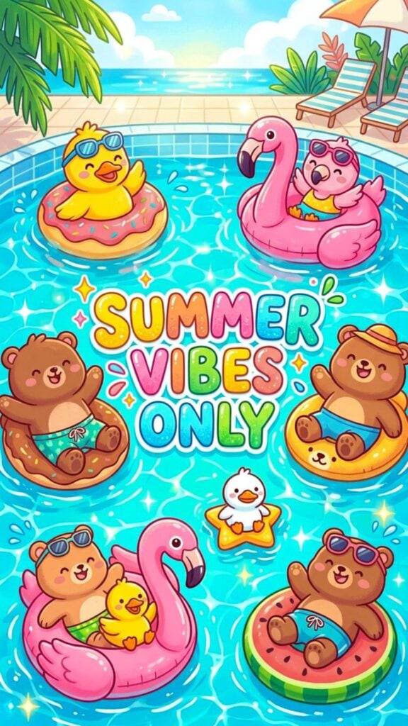 Cute ducks, flamingos, and bears on pool floats in turquoise water with centered Summer Vibes Only text.