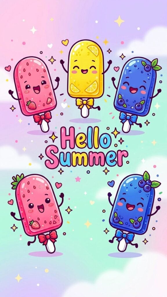 Cute cartoon popsicles with happy faces in strawberry, lemon, and blueberry colors on a pastel background with centered Hello Summer text.