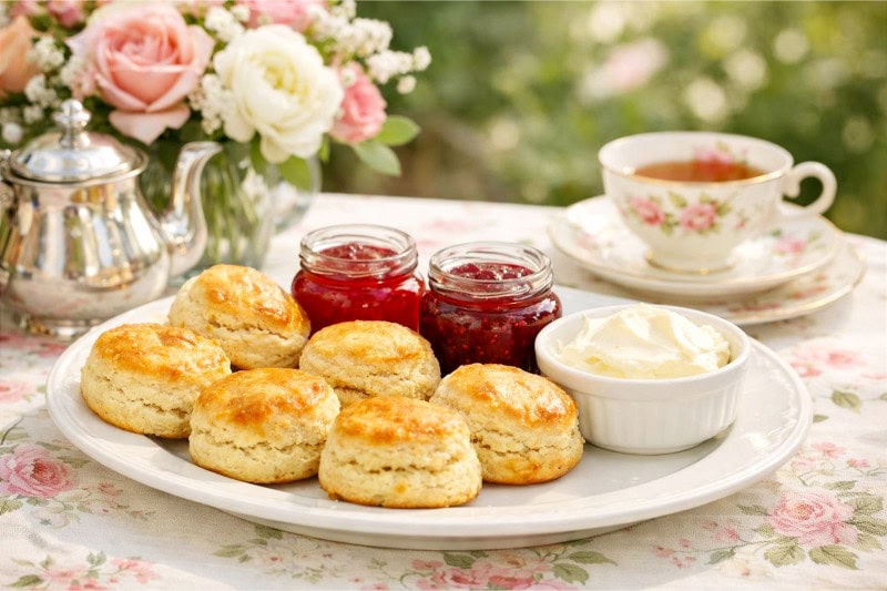 A platter of homemade scones with jars of jam and clotted cream on a garden party table set with teacups, flowers, and a silver teapot.