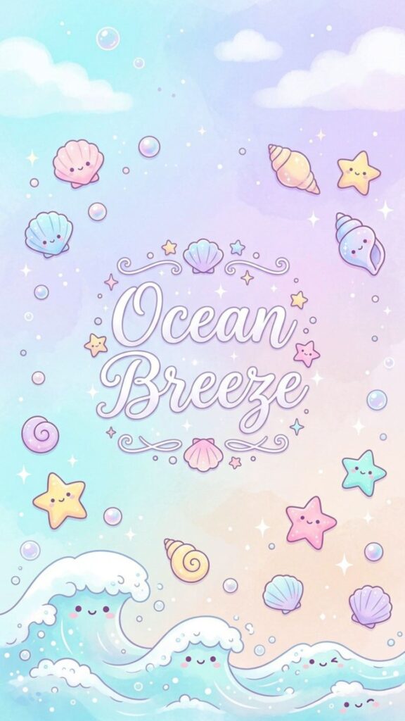 Pastel seashells, pearls, starfish, and tiny waves on a beach-themed background with centered Ocean Breeze text.