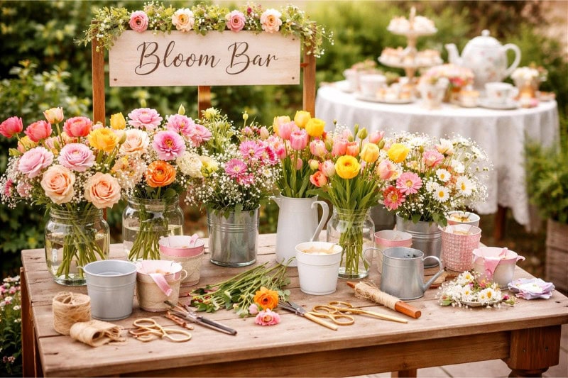 A table set up with fresh flowers, vases, and floral arranging tools next to teacups and a teapot for a Mother's Day tea party.