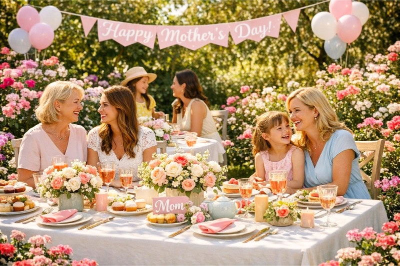 A sunny garden with a decorated table set for a party, surrounded by flowers and guests enjoying the celebration.