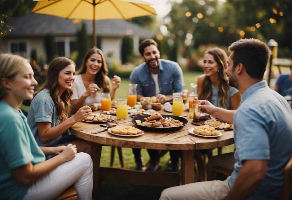 "A backyard barbecue with colorful decorations, a table filled with homemade treats, and a group of happy family members playing games and sharing laughter