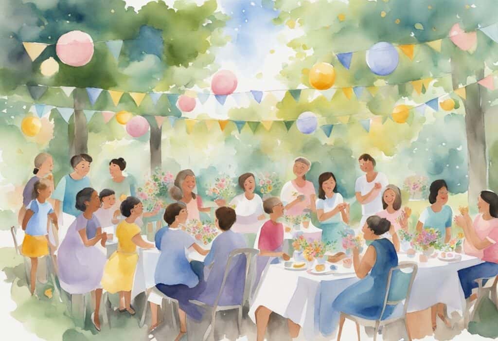 A group of people enjoying a Mother's Day celebration, with games, music, and laughter filling the air. Tables are adorned with flowers and decorations, creating a festive atmosphere