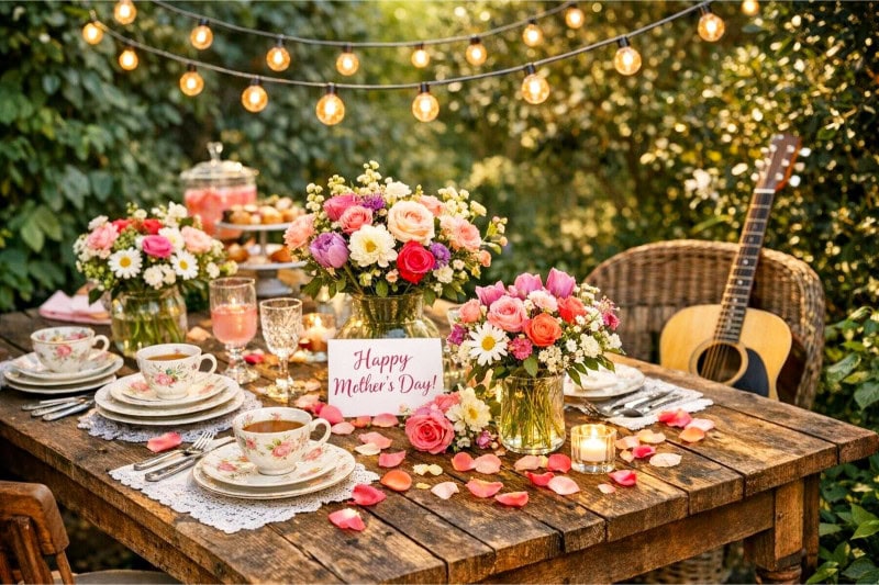 A garden party setup with a wooden table decorated with flowers and teacups, surrounded by green plants and string lights, with an acoustic guitar and violin nearby.