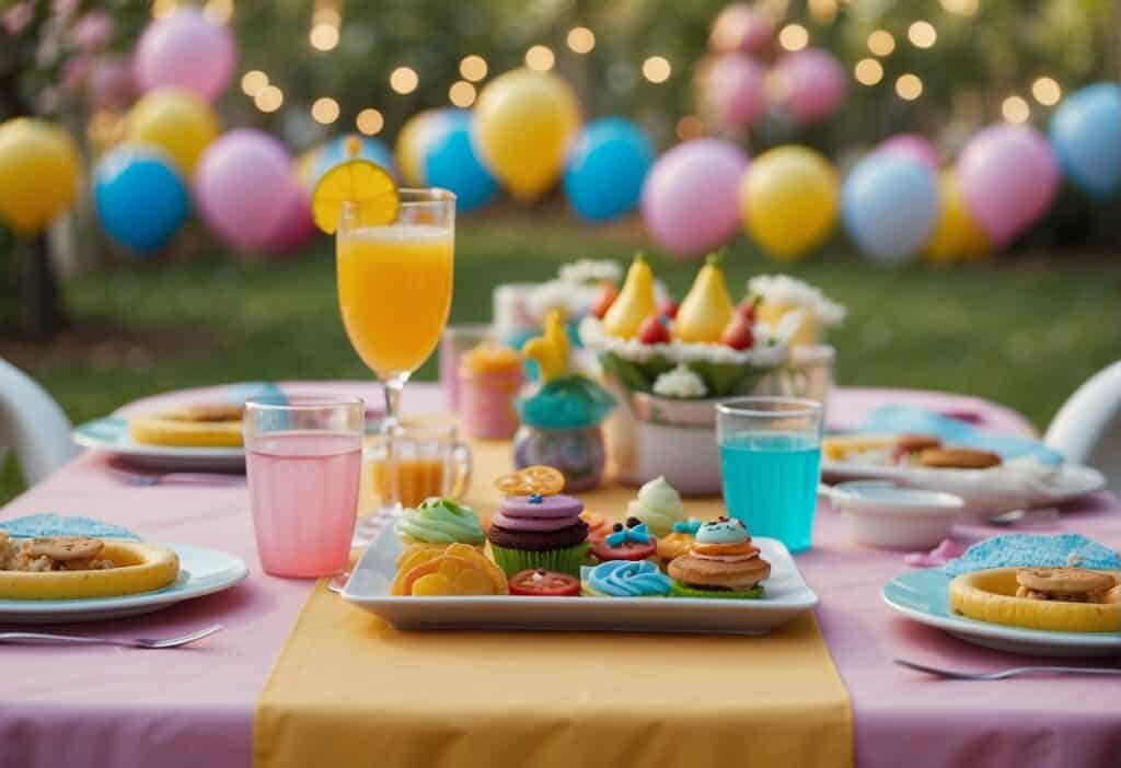 A table set with colorful spring party menus and refreshments, surrounded by playful kids' themed decorations and activities
