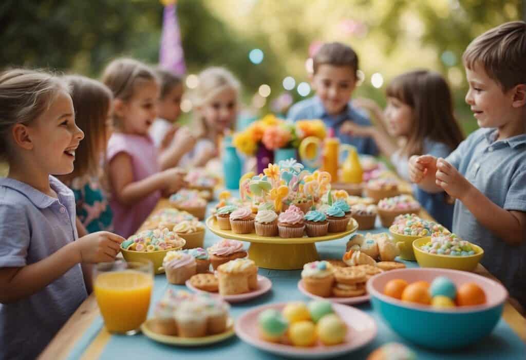 A colorful table adorned with spring-themed party favors and treats, surrounded by joyful children engaged in various activities