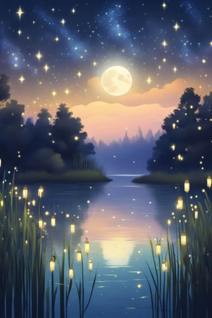 A starry sky over a tranquil lake, with fireflies dancing among the reeds and the soft glow of lanterns hanging from the trees"