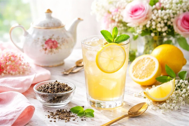 A glass of Earl Grey lemonade cocktail garnished with lemon and mint on a wooden table surrounded by tea leaves, fresh lemons, and a teapot.