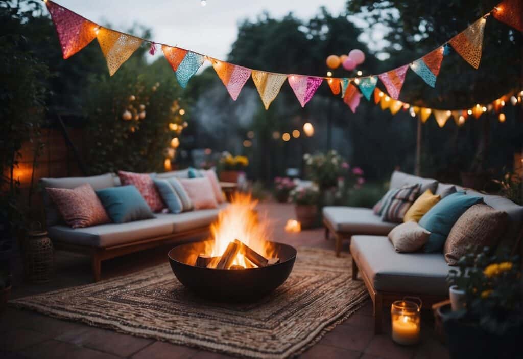 A backyard adorned with colorful ribbons, fairy lights, and floral garlands. A bonfire in the center, surrounded by comfy sofas and cushions