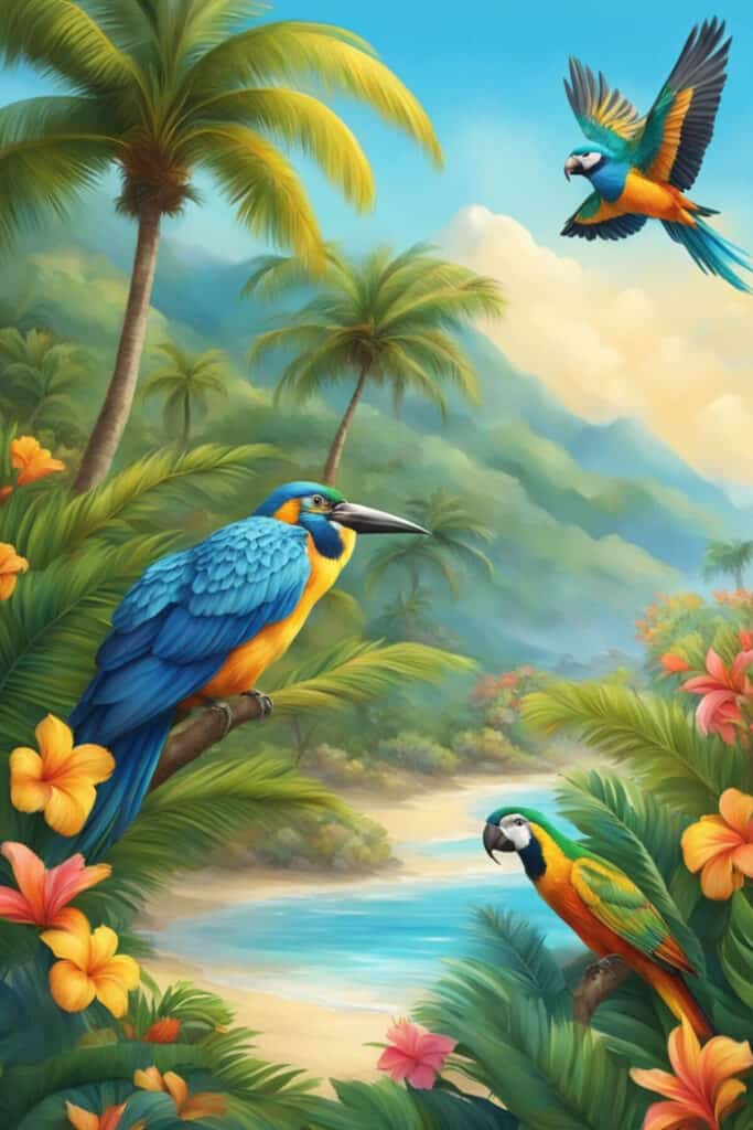 Lush palm trees sway in the warm breeze, vibrant flowers bloom, and colorful birds flutter amidst the tropical paradise