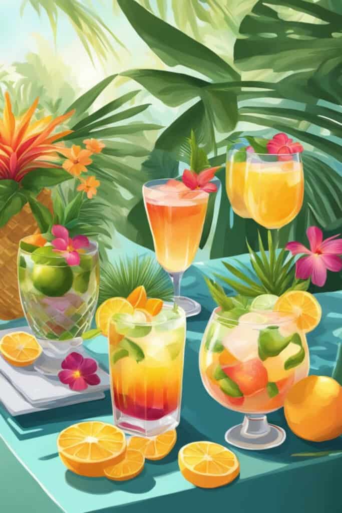 A table set with vibrant, fruity cocktails, surrounded by tropical flowers and lush greenery, bathed in warm sunlight