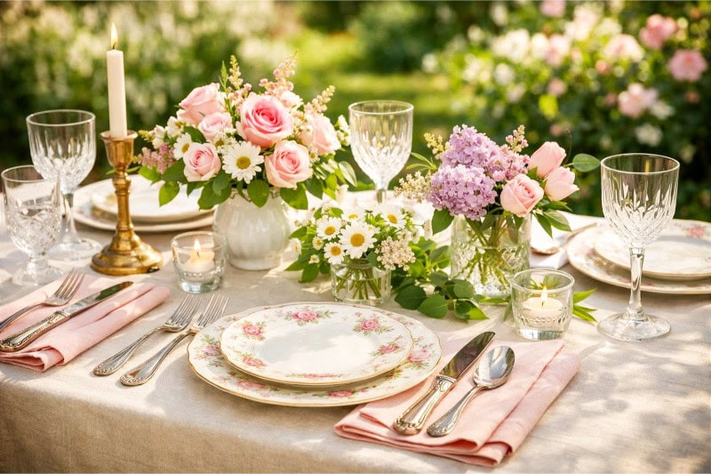 An outdoor table set with vintage plates, silver cutlery, pastel linen napkins, and fresh flowers in a garden.