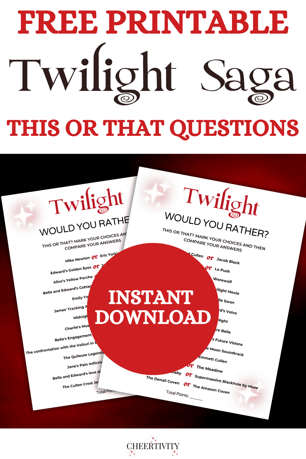 Free Printable Twilight Saga This or That/Would Your Rather? Questions