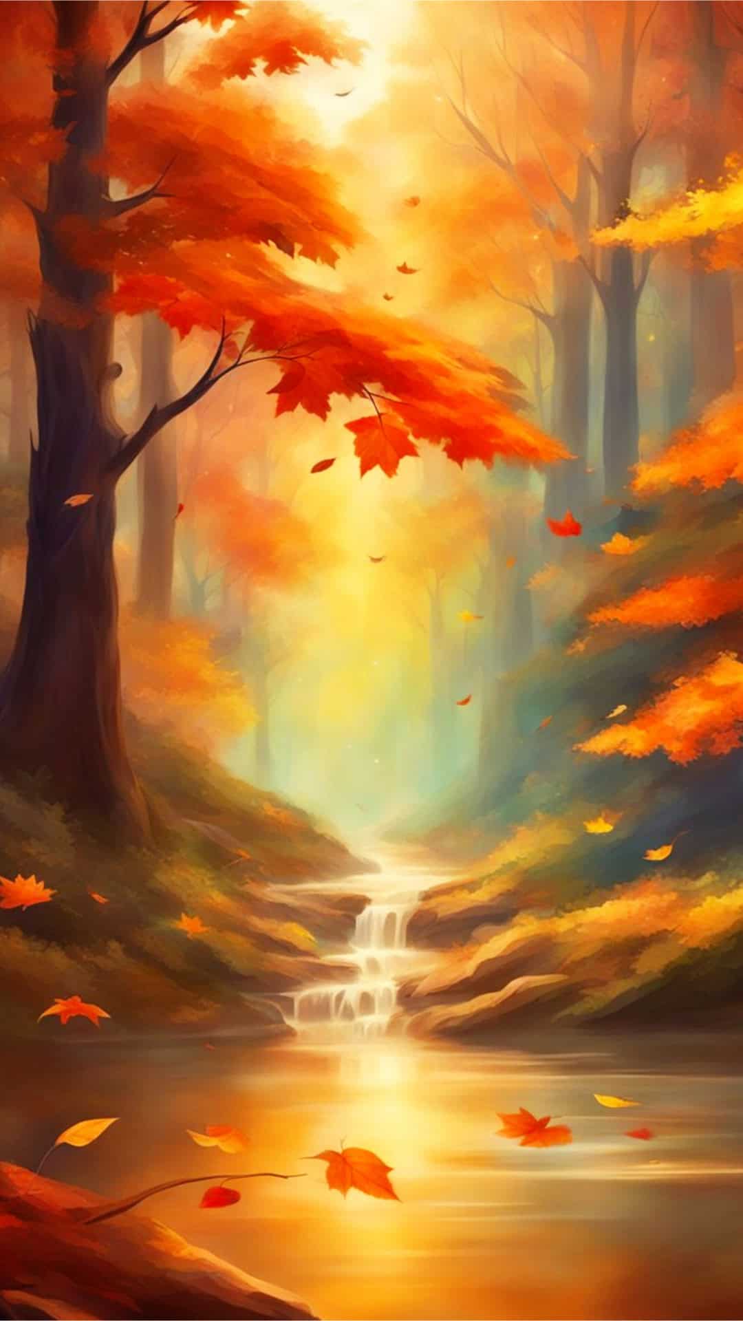 Autumn Forest Landscape with Falling Leaves and a Babbling Brook