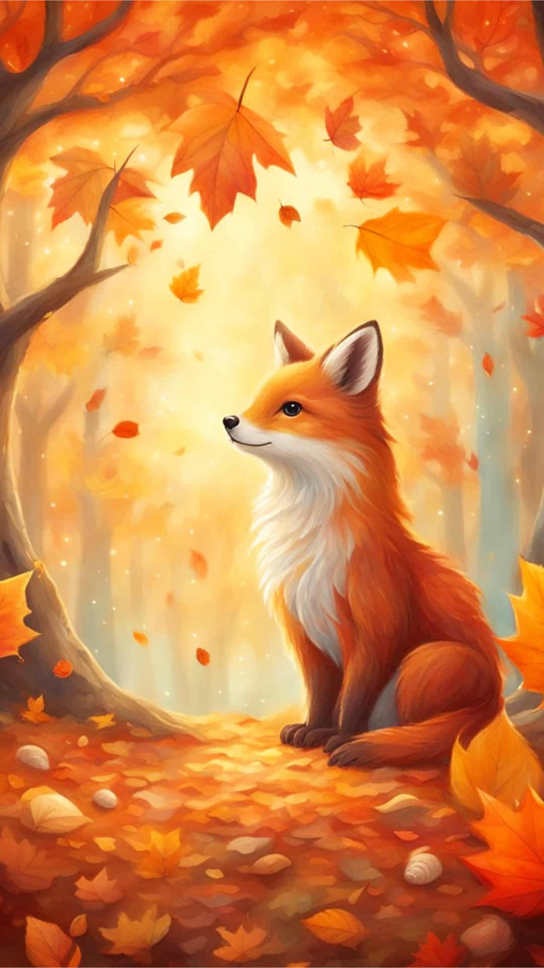 Autumn Fox with Falling Leaves Phone Wallpaper