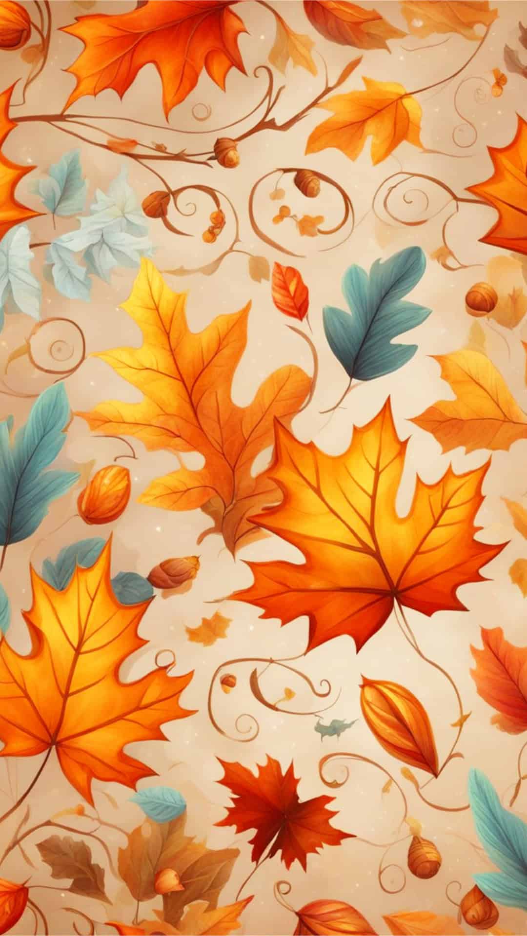 Autumn pattern with falling leaves in shades of orange, red, and gold, acorns and swirling vines