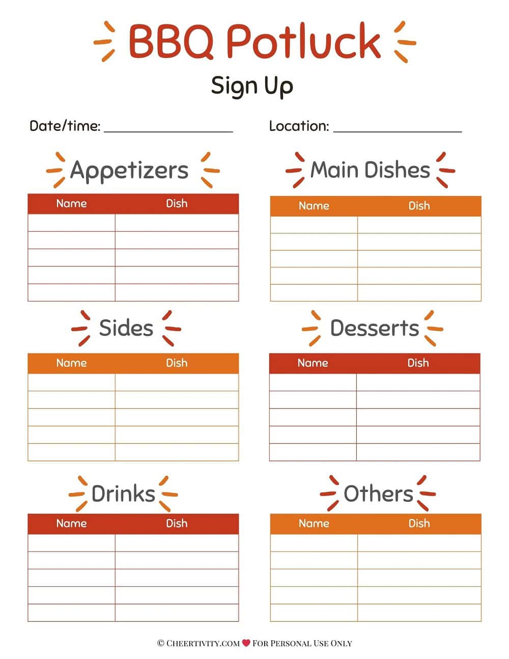 BBQ Potluck Sign Up Sheet