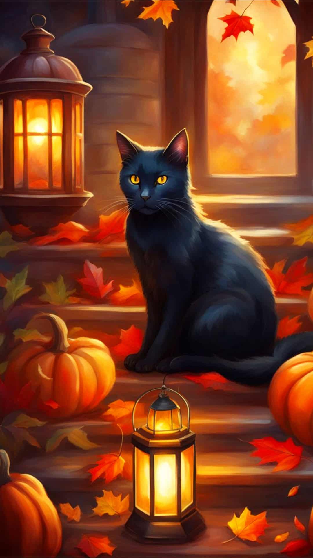 Fall Black Cat Phone Wallpaper - Black cat nestled among vibrant autumn leaves surrounded by pumpkins and soft glowing lanterns