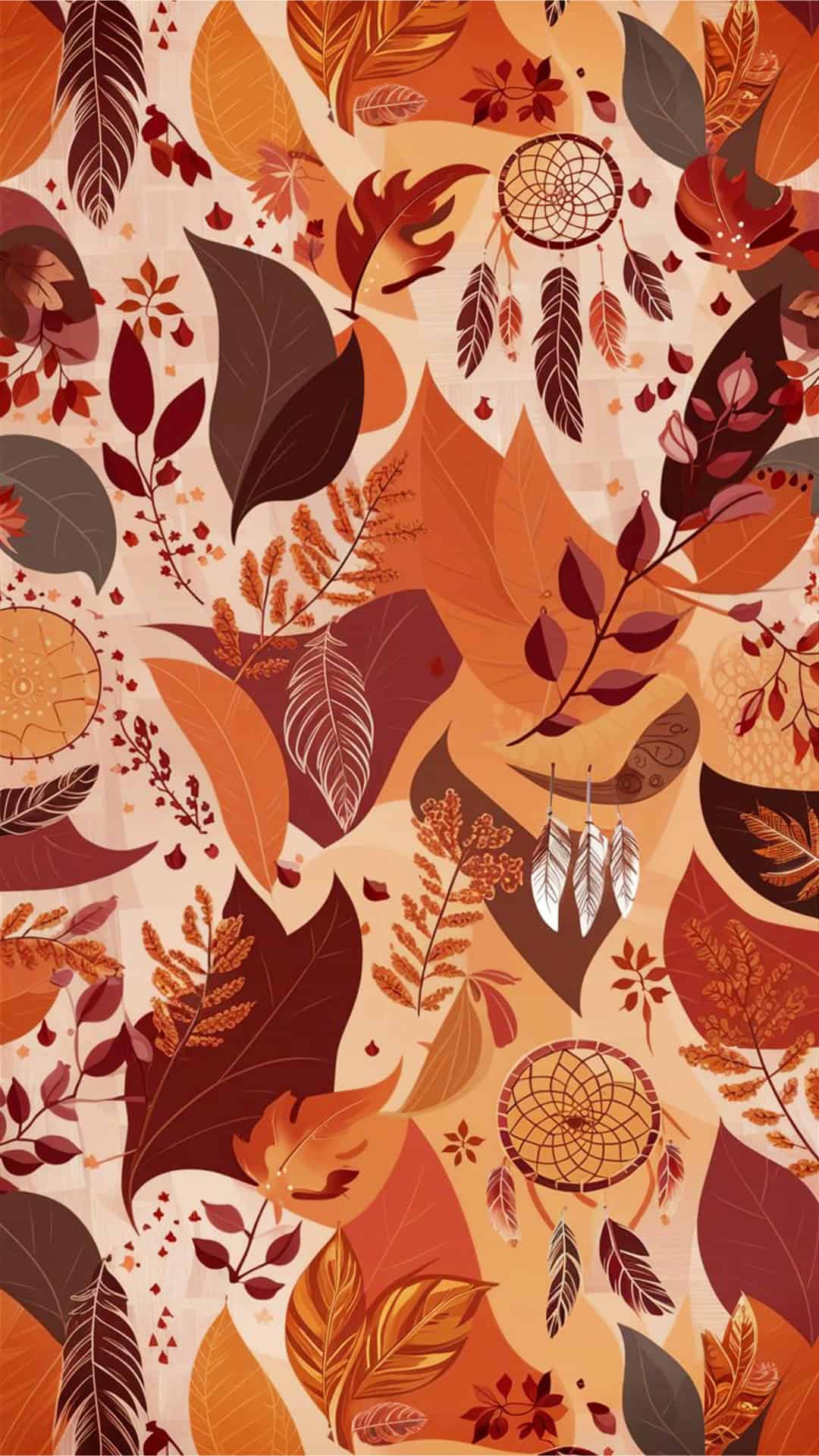 Fall Boho Phone Wallpaper - falling leaves, feathers, and dreamcatchers, set against a soft, textured background that evokes a cozy, natural vibe