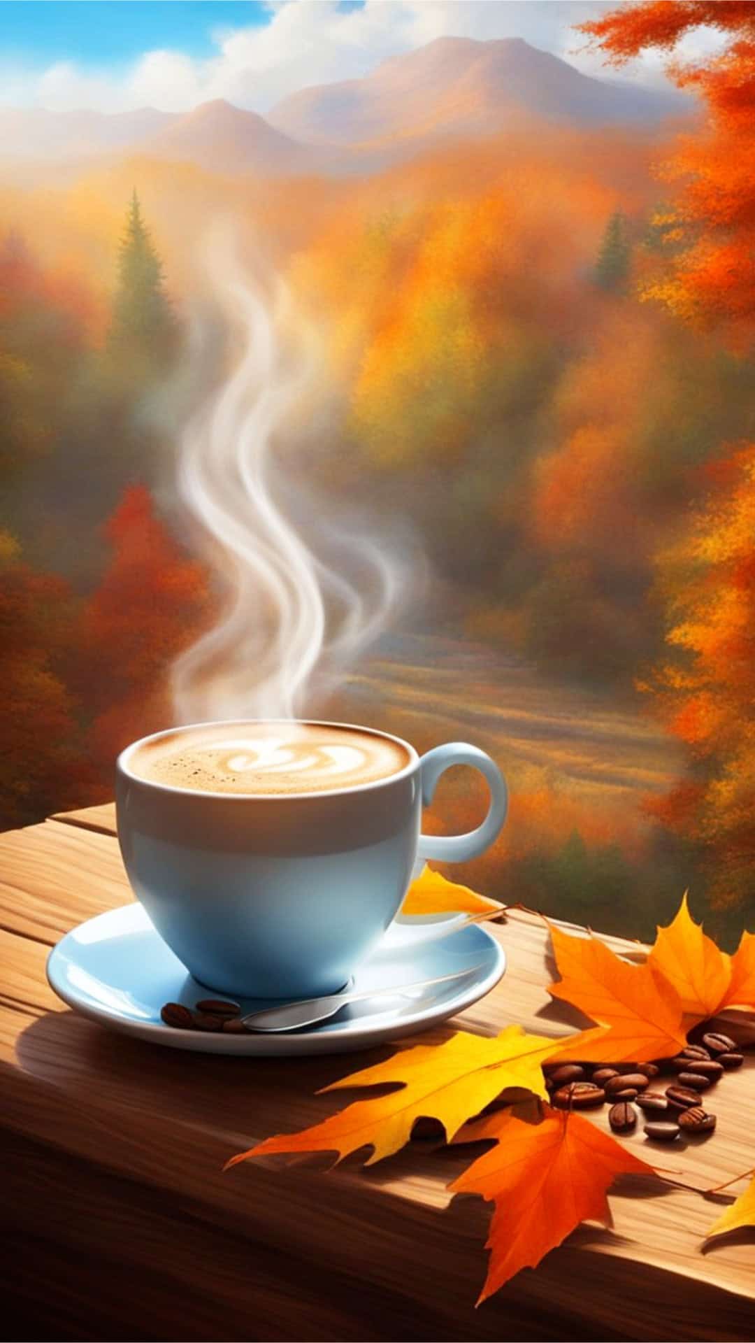 Fall Coffee Phone Wallpaper - Steaming cup of Coffee on a Wooden table surrounded by Fall Leaves