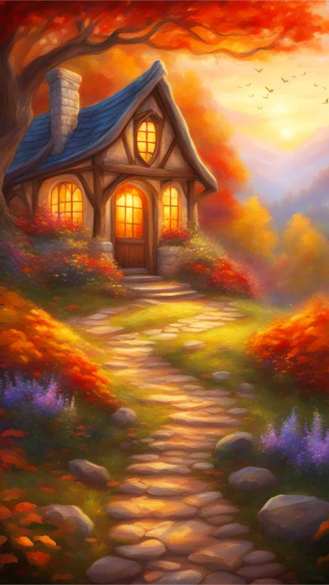 Fall Cottage Phone Wallpaper - Charming cottage surrounded by vibrant autumn foliage in a warm colored landscape of red, orange,