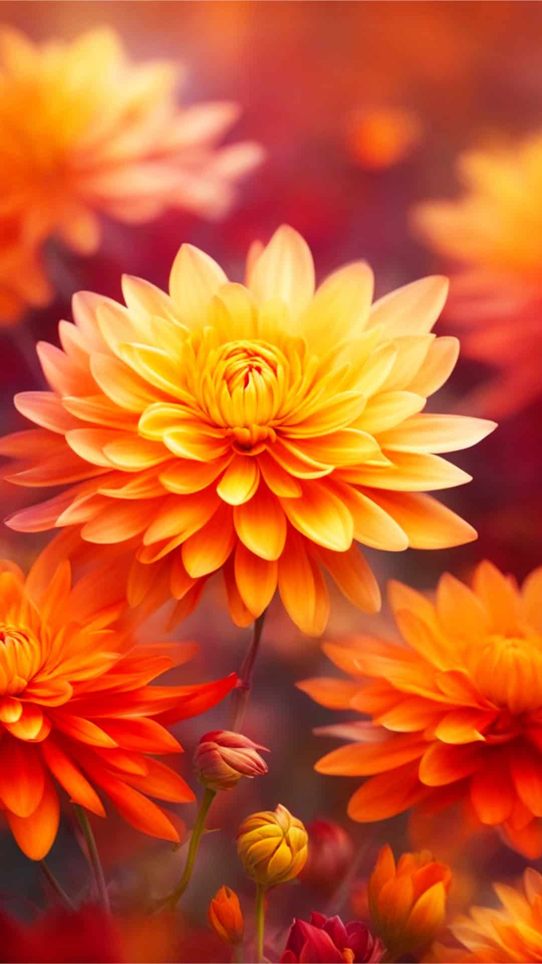 Fall Mums Phone Wallpaper - Fall Mums in shades of orange, yellow and burgundy in Autumn sunlight