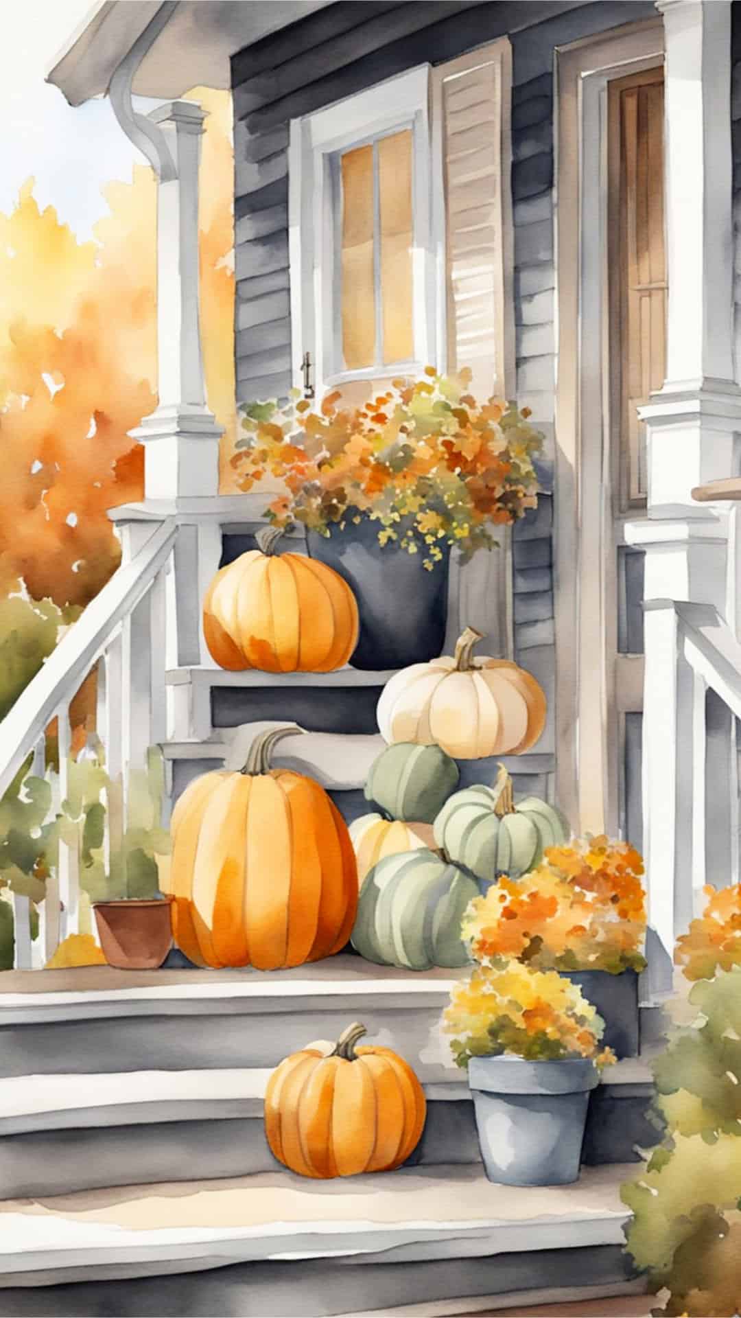 Fall Porch Watercolor Phone Wallpaper