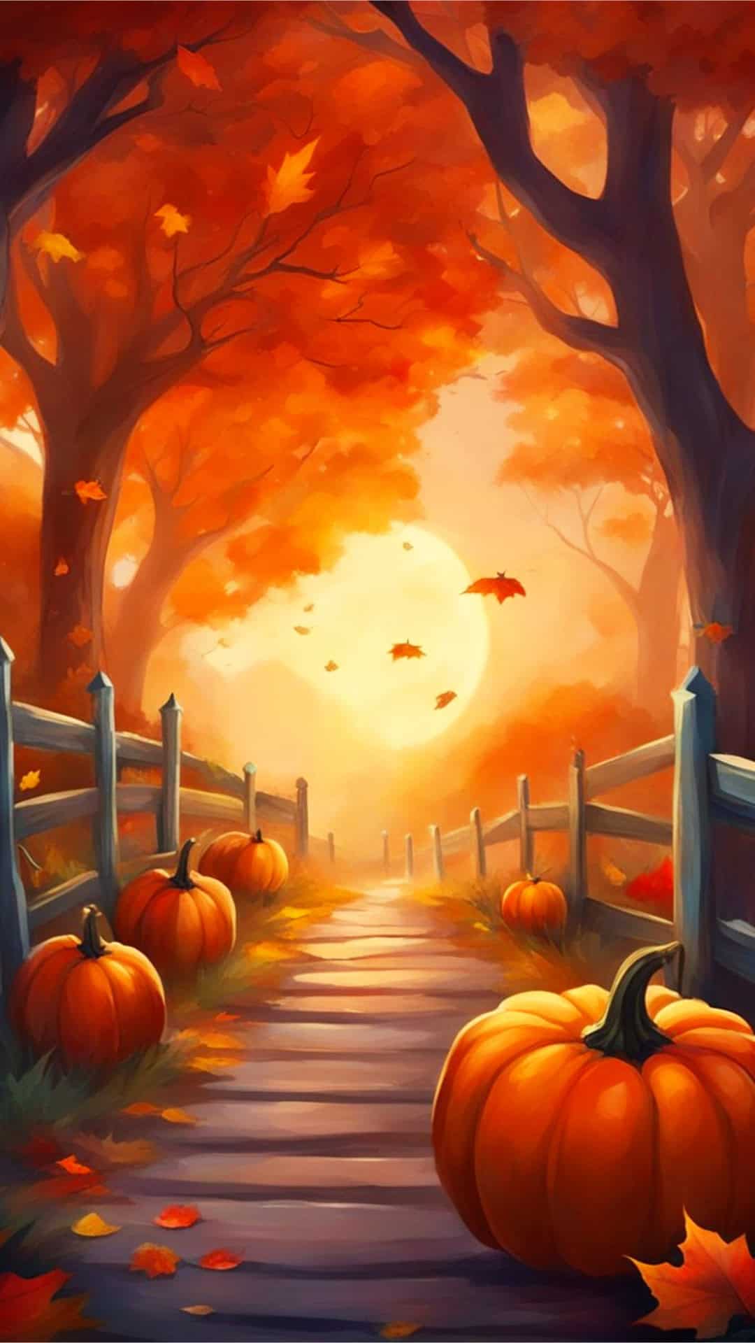 Fall Pumpkins Phone Wallpaper - Pumpkins surrounded by fall leaves and colors in a sunset glow