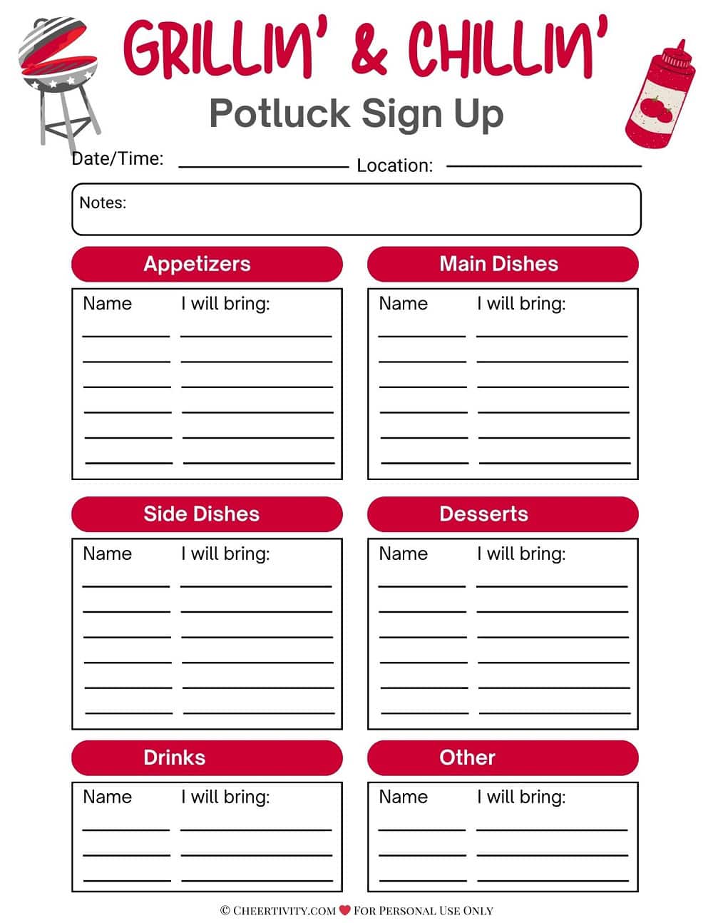 Grillin and Chillin Potluck Sign Up Sheet