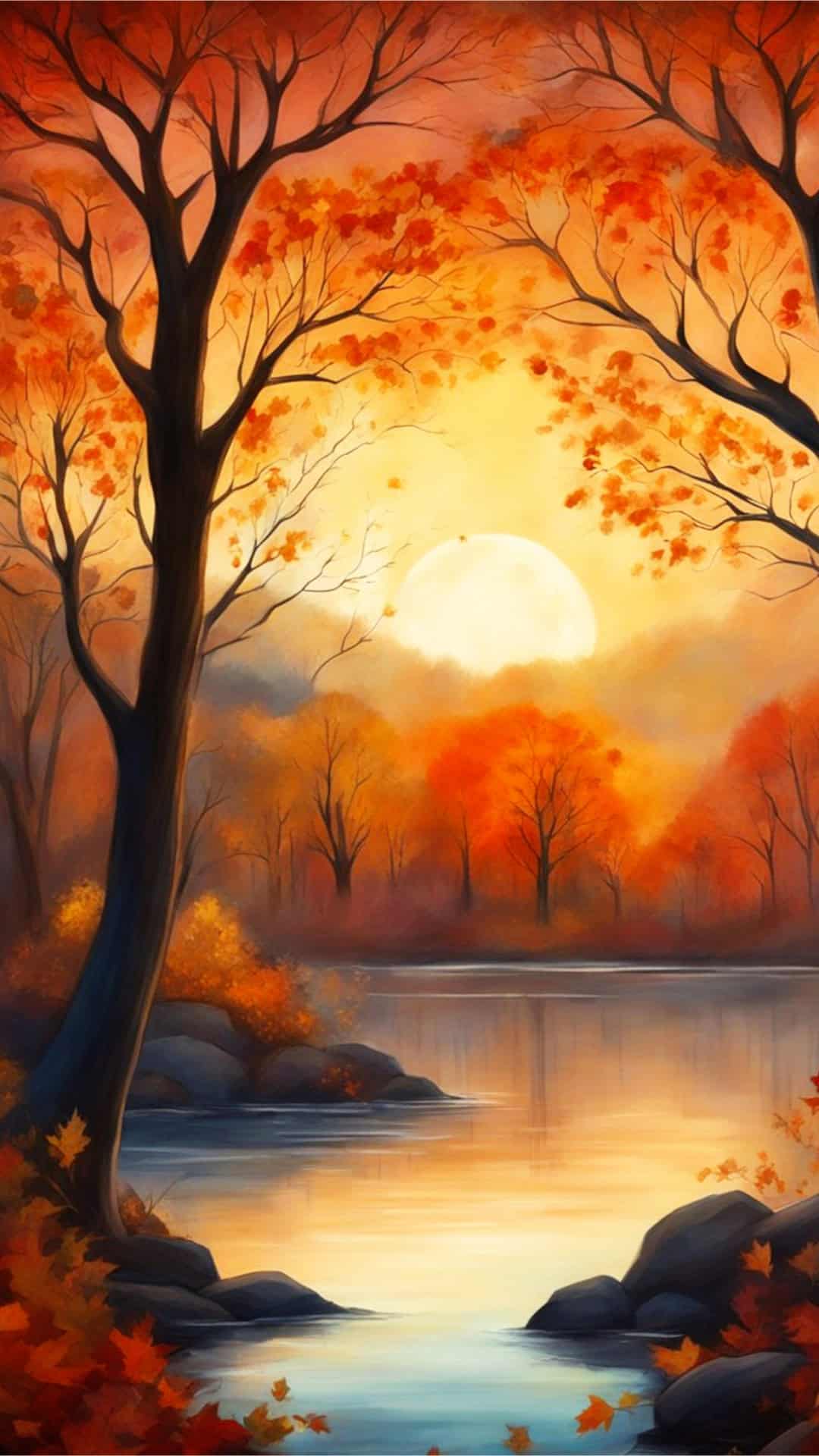 Harvest Moon over a Tranquil Lake Phone Wallpaper - A luminous harvest moon hangs low in a starry sky over vibrant autumn leaves and a tranquil lake. Silhouettes of bare trees frame the scene