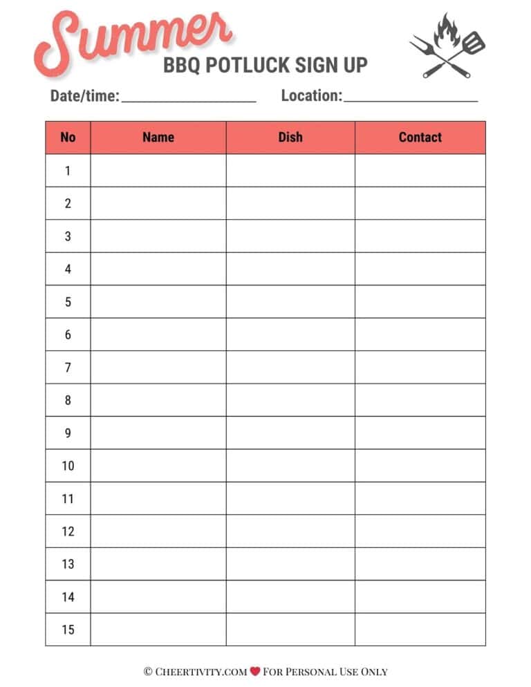 Free Printable BBQ Potluck Sign Up Sheets | Cheertivity