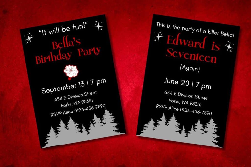 2 Twilight Party invitations on a red background