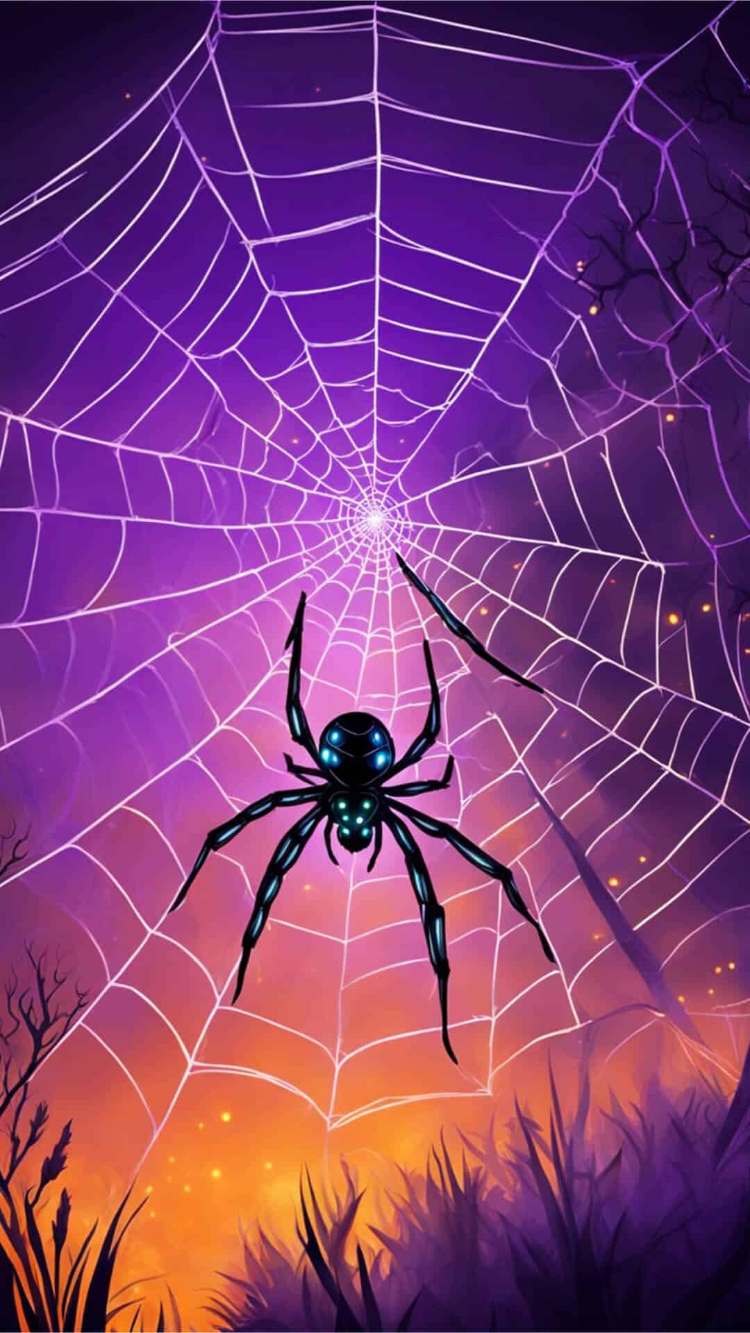 A vibrant, detailed spider sits in a glowing web of orange and purple lights, creating a spooky Halloween scene