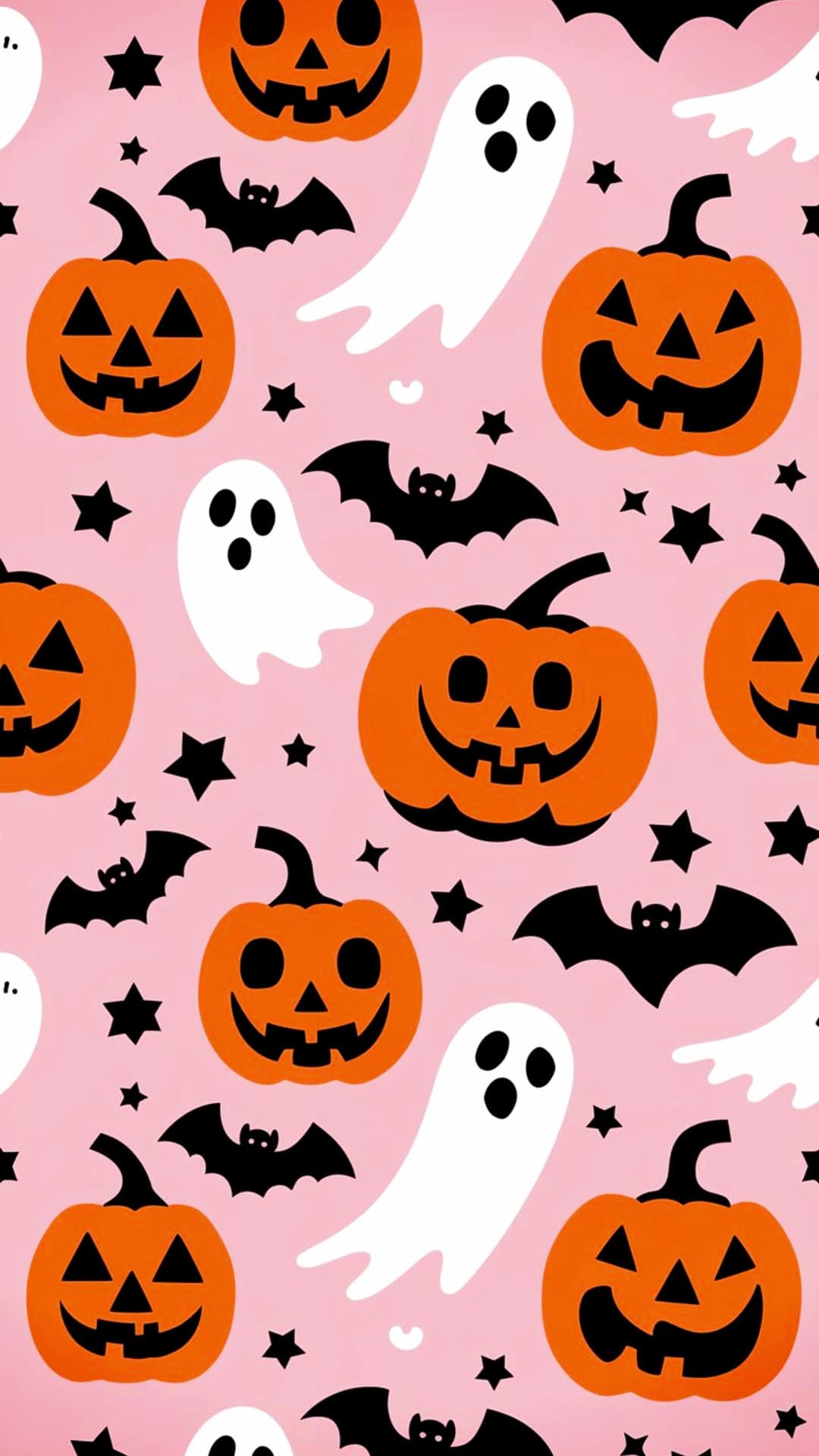 An illustration of a Halloween pattern with a pink and white color scheme. There are pumpkins, bats, ghosts, and stars. 