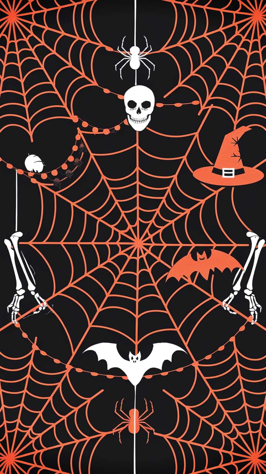 An illustration of red spiderwebs on a black background, with spooky Halloween decorations such as a skeleton, a bat, and a
witch's hat. There are also spiders hanging from the webs. 