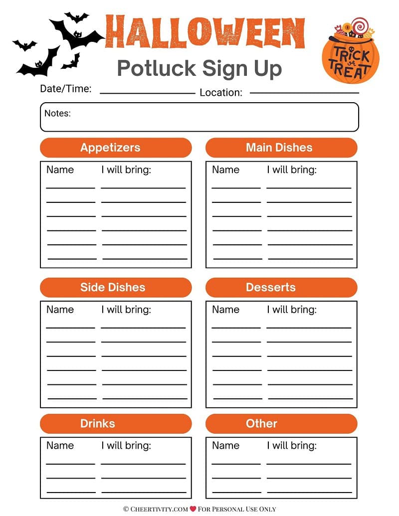 Halloween Potluck Sign Up Sheet 1