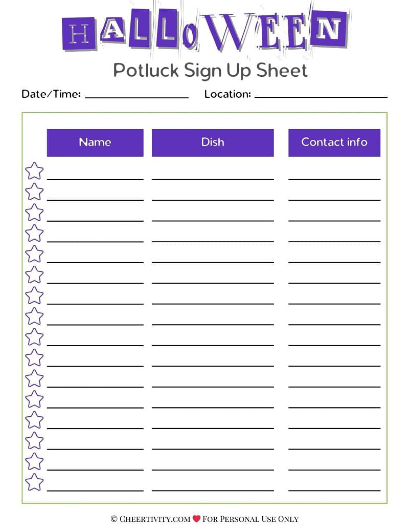 Halloween Potluck Sign Up Sheet 2