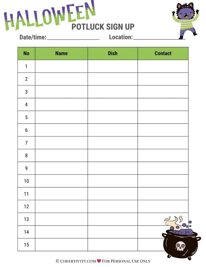 Halloween Potluck Sign Up Sheet 3