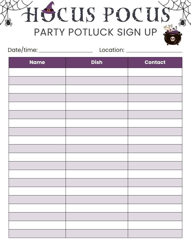 Halloween Potluck Sign-Up Sheet 7