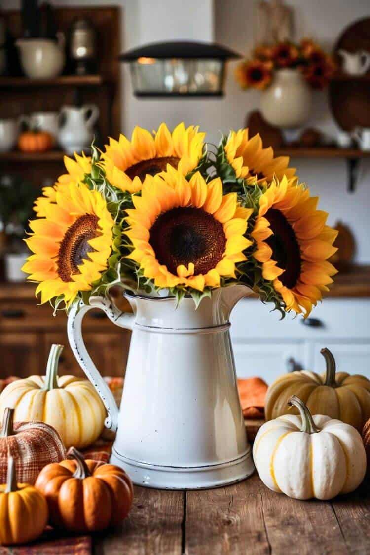 Antique White Pitcher with Sunflowers