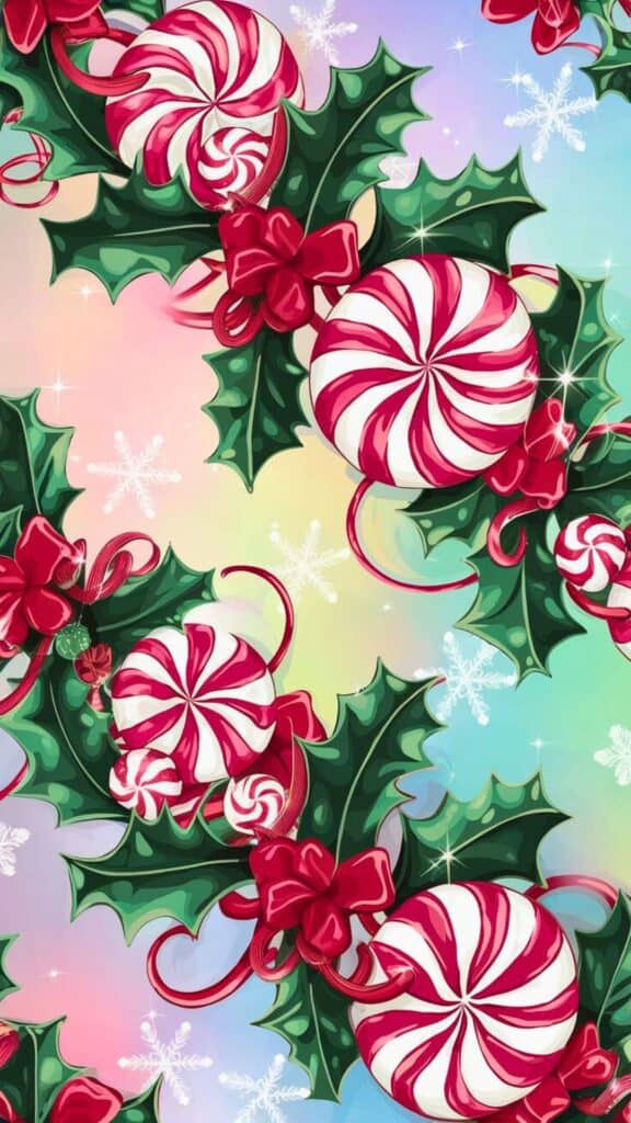 Christmas Peppermint Background - A whimsical peppermint-themed Christmas pattern, featuring vibrant red and white swirls of peppermint candy, intertwined with festive elements like holly leaves and sparkling snowflakes.