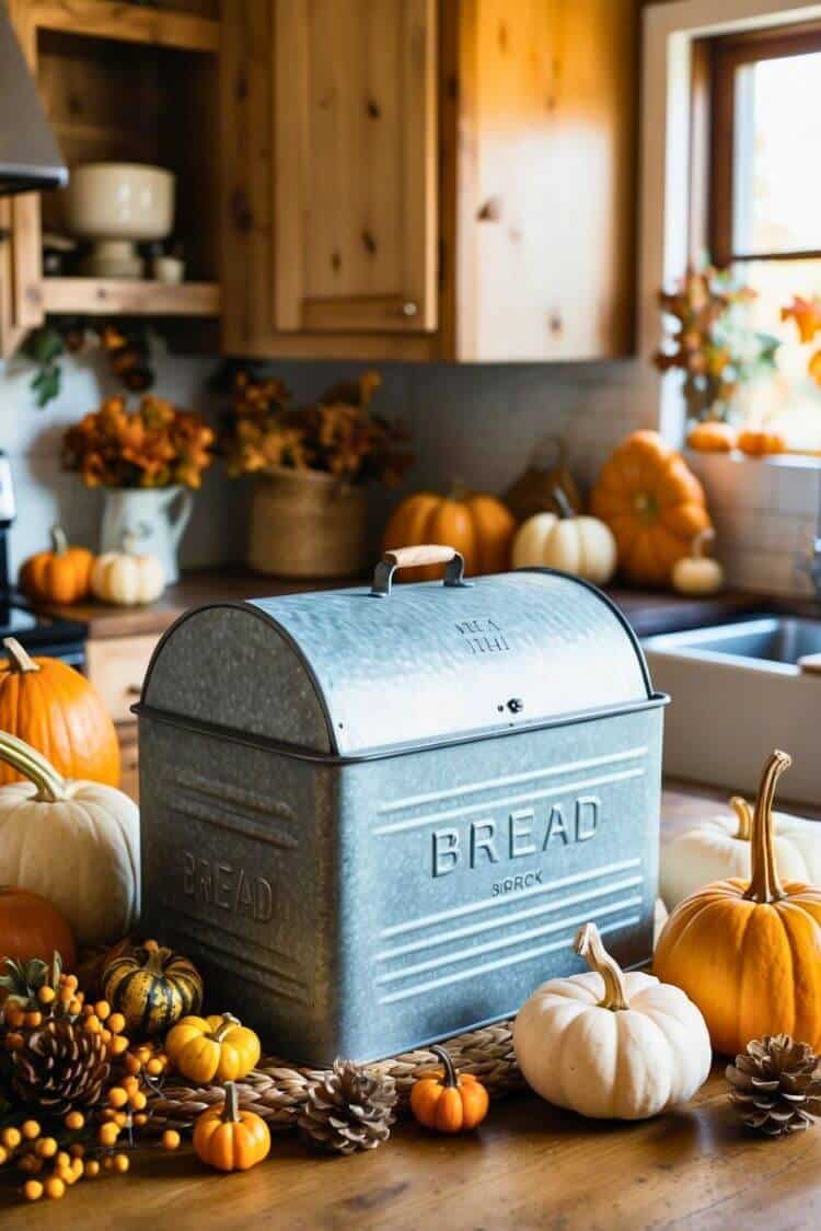 A rustic farmhouse kitchen with a galvanized metal bread box surrounded by cozy fall decor such as pumpkins, gourds, and autumn foliage