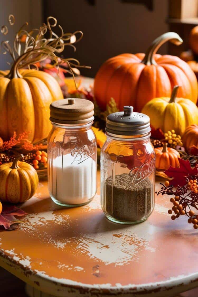 a mason jar salt shaker and a mason jar pepper shaker sit on a rustic farmhouse kitchen table, surrounded by autumn-themed decor like pumpkins and fall foliage