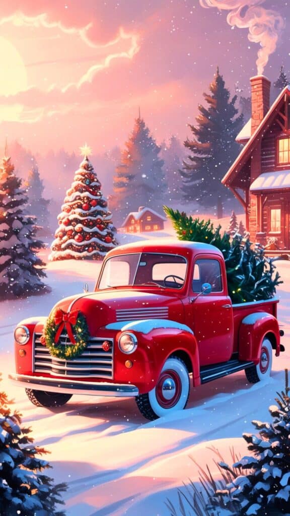 red truck christmas phone wallpaper - A vintage red Christmas truck parked in a snow-covered landscape, adorned with festive decorations like a wreath on the front and a Christmas tree in the back. The scene is bathed in warm, golden light from a setting sun, casting long shadows and creating a cozy, nostalgic atmosphere. The background features softly falling snowflakes, evergreen trees, and a quaint cabin with smoke curling from the chimney.