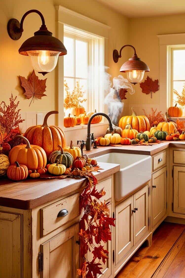 A cozy farmhouse kitchen with warm lighting from wrought iron sconces, adorned with fall decor like pumpkins and gourds