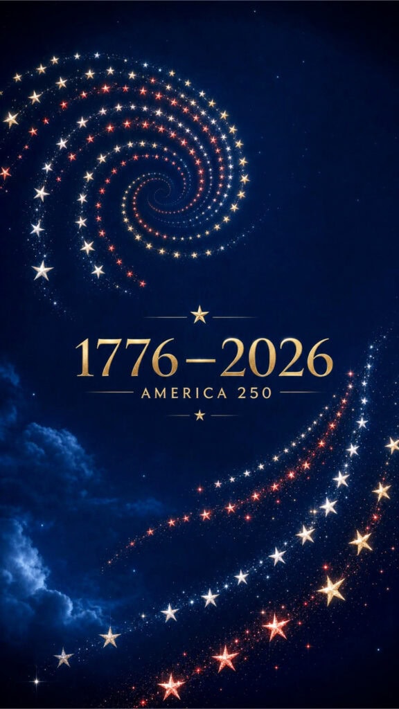 America250 wallpaper featuring hundreds of glowing stars on a navy background with patriotic red and white accents.