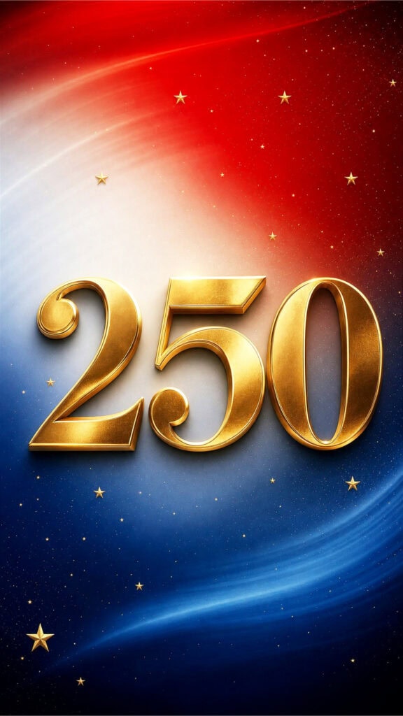 Gold 250 anniversary wallpaper with patriotic red white and blue background celebrating 250 years of American independence.